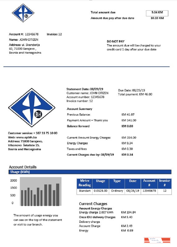 Bosnia and Herzegovina Elektroprivreda BiH electricity utility bill